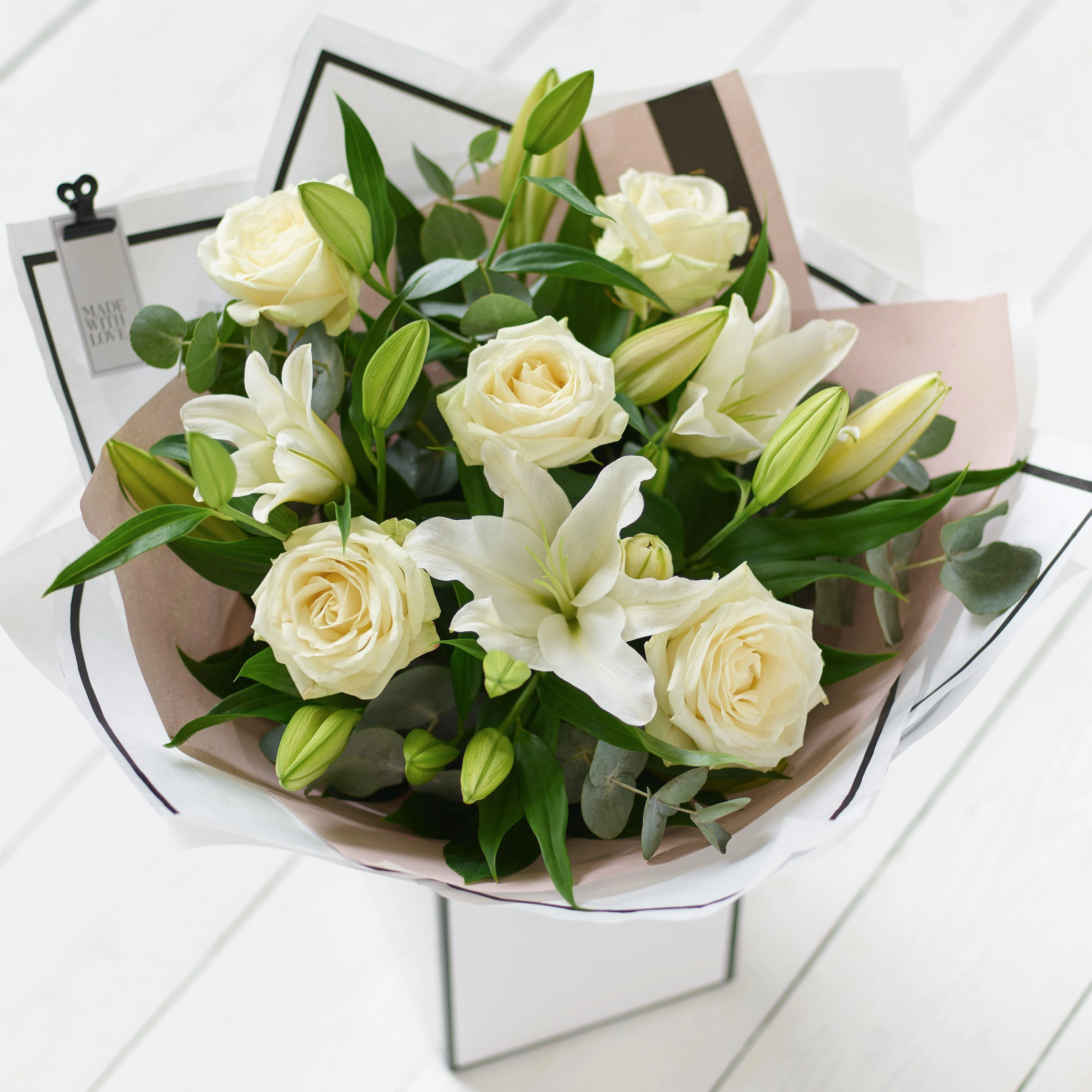 Beautifully Simple White Rose and Lily Bouquet - Image 5