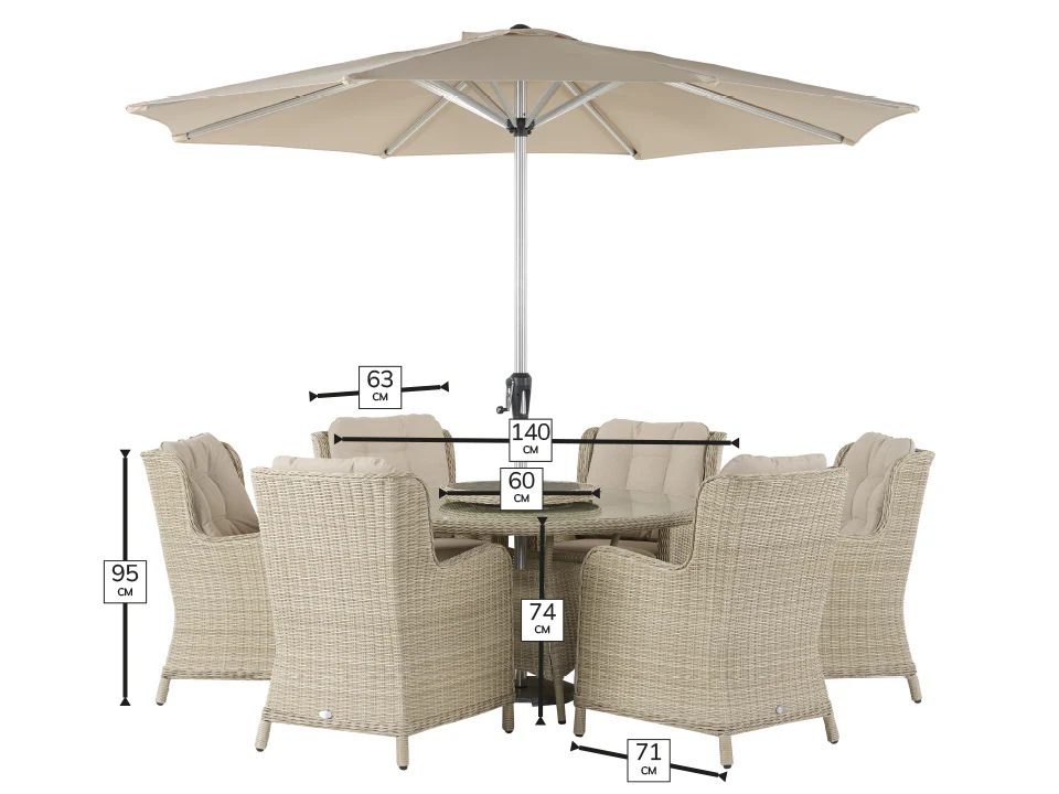 Chedworth Sandstone Rattan 6 High Back Seat, Round Dining set with Lazy Susan, Parasol & Base - Image 5