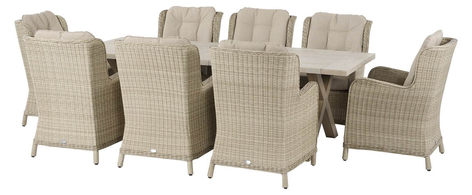 Chedworth Sandstone Ceramic Rectangle Table with 8 Rattan High Back Armchairs - Image 5