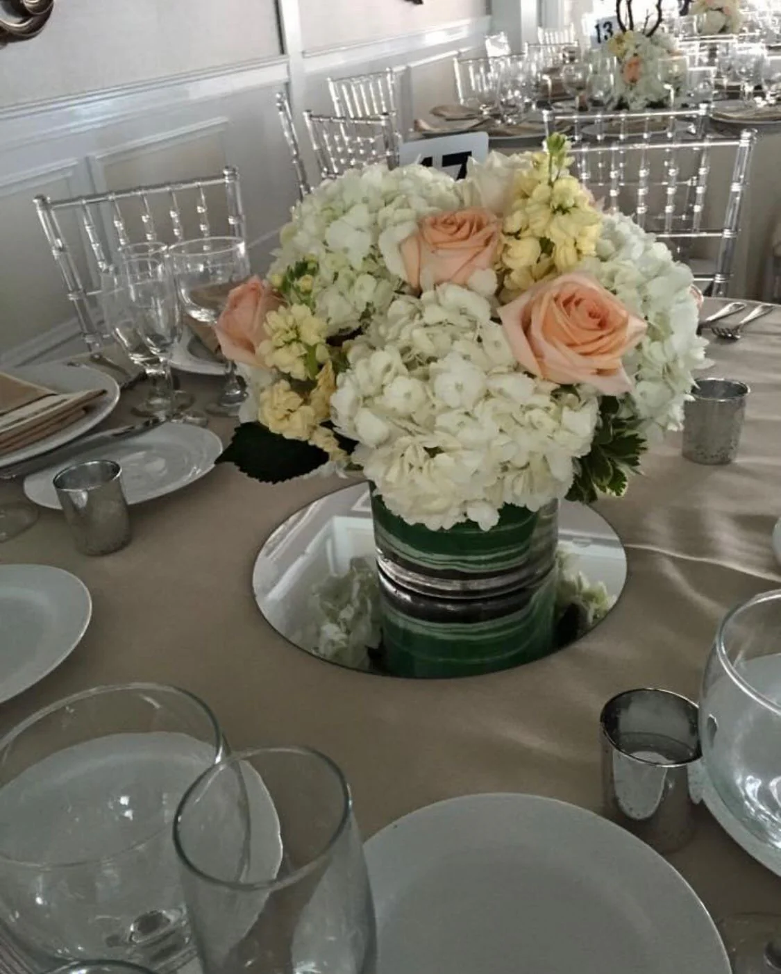 Cylinder Vase of Hydrangeas, Stock and Roses