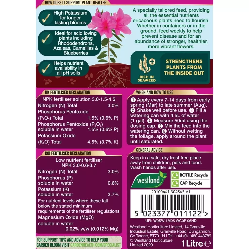 Westland Ericaceous High Performance Liquid Plant Food 1L - Image 3